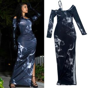 Long sleeve black evening dress open leg black smoke stretchy S